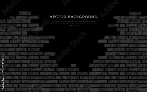 Vector realistic broken black brick wall on black background. Hole in flat wall texture. Dark textured brickwork with gap for web design, banner, background, wallpaper