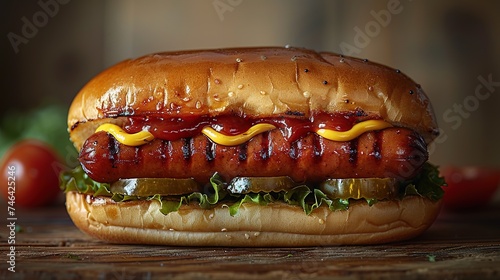 One Hot dog with mustard and ketchup closeup on minimalistic background. Created with Generative AI © Yevhen