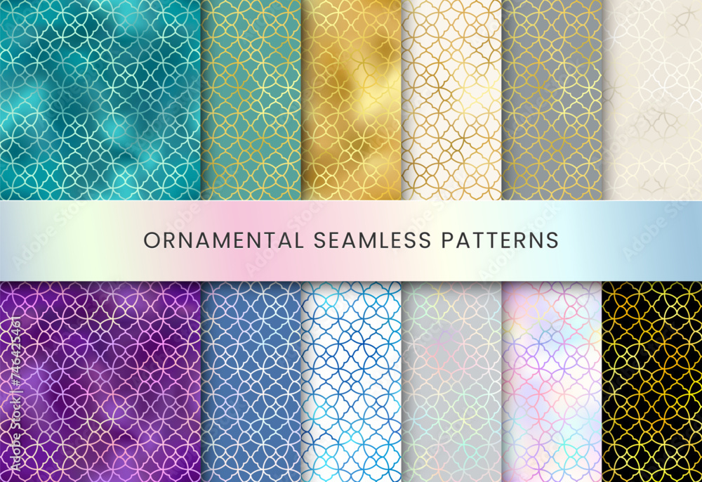 Arabic style seamless patterns set. Vector shiny gold, blue, green, grey, holographic oriental ornaments. Islamic traditional texture for backgrounds, wallpapers, textile patterns, decoration.