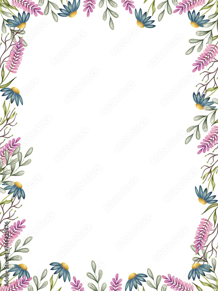 Abstract flowers vertical frame blue green and pink colors. Watercolor background with hand drawn illustration isolated on white for card design, template, print, web banner, invitation, holiday decor