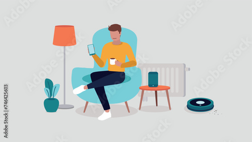 Vektor-Illustration einer Person, die sich in einem Stuhl  entspannt und ein Smartphone in der Hand hält. Sie ist von Smart Home-Objekten umgeben - Smart Home-Konzept