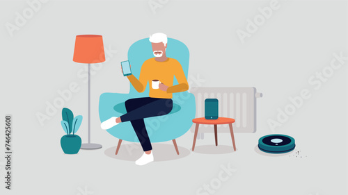 Vektor-Illustration einer Person, die sich in einem Stuhl  entspannt und ein Smartphone in der Hand hält. Sie ist von Smart Home-Objekten umgeben - Smart Home-Konzept