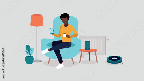 Vektor-Illustration einer Person, die sich in einem Stuhl  entspannt und ein Smartphone in der Hand hält. Sie ist von Smart Home-Objekten umgeben - Smart Home-Konzept