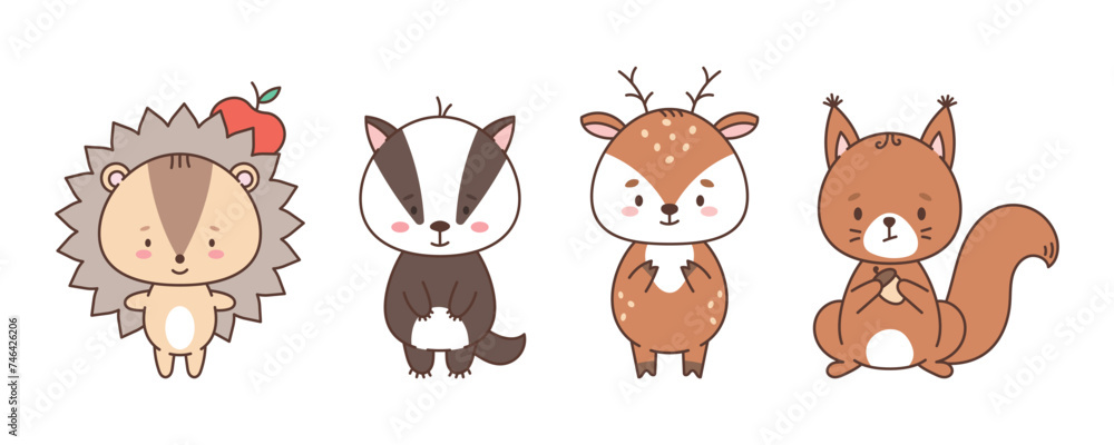 Obraz premium Set of cute forest animals hedgehog, badger, deer, squirrel. Cute animals in kawaii style. Drawings for children. vector illustration