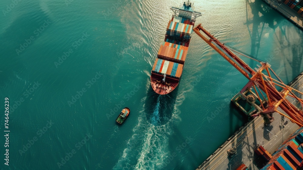 Logistics and transportation of a container ship with bridge crane working in the port during the day.