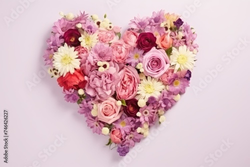 Heart-shaped arrangement of mixed flowers. Floral Heart Assortment on Pastel Background