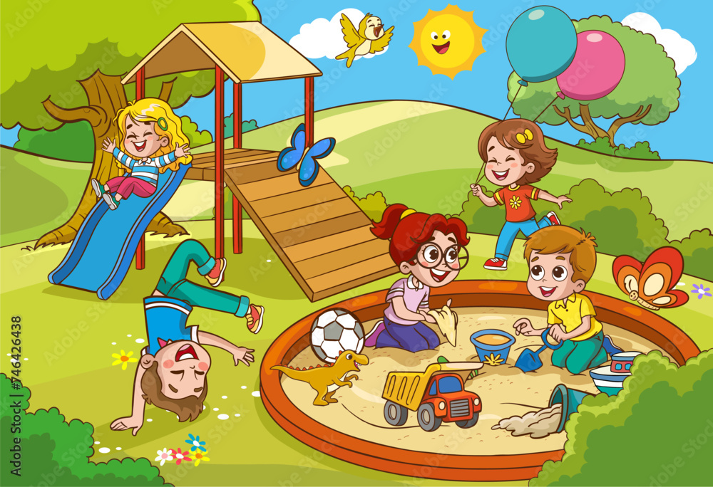 vector illustration of happy children in the playground
