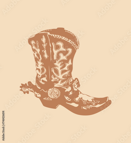 Durango boots, a classic piece of cowboy boots with spurs and fashion accessory, depicted in a detailed drawing on a beige background, showcasing intricate patterns and artistic design.