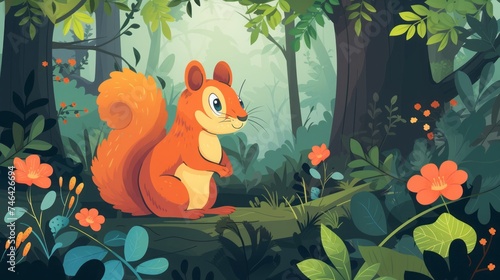 squirrel in fairy forest illustration.