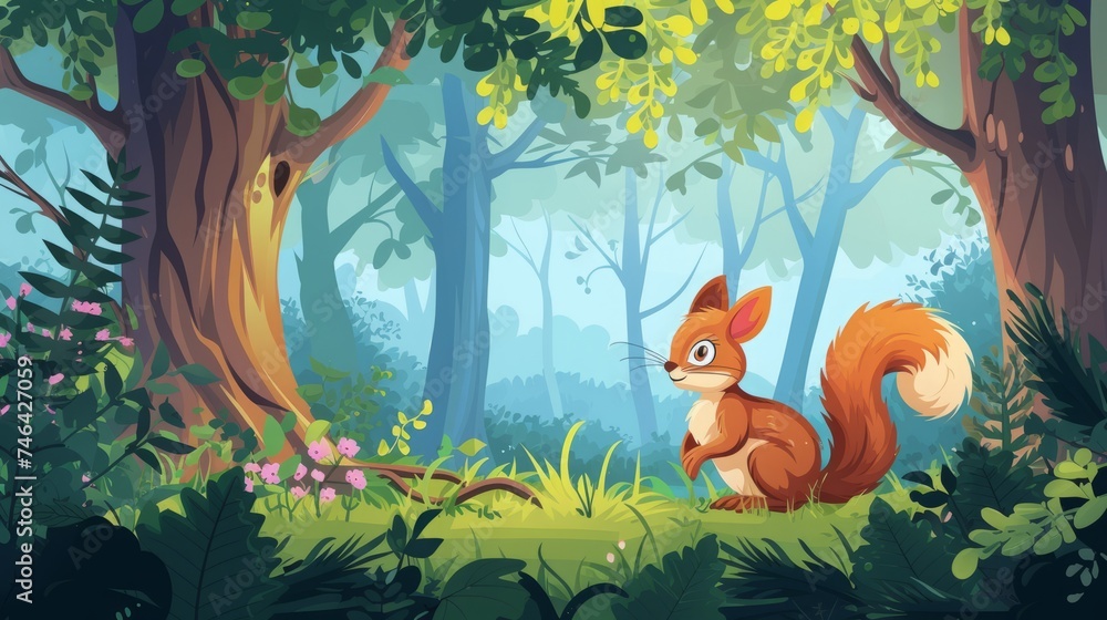 squirrel in fairy forest illustration. squirrel in fairy forest illustration.