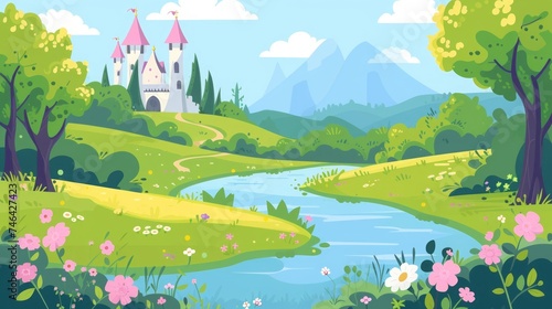 cartoon castle on the mountain with river illustration.