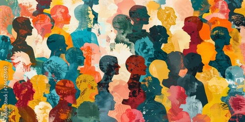 Colorful upper body silhouettes of people from many generations as a population concept photo
