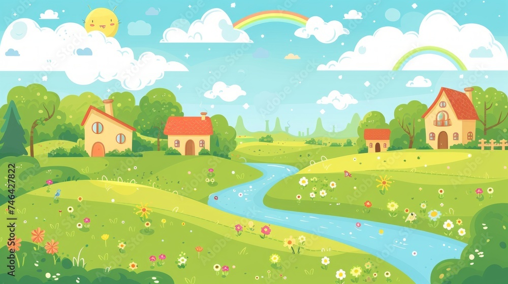 cartoon houses with rainbow and river illustration.