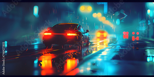 Autonomous car navigating through a rainy night with enhanced visibility and safety technology, reflecting reliability and performance  © muhammadjunaidkharal