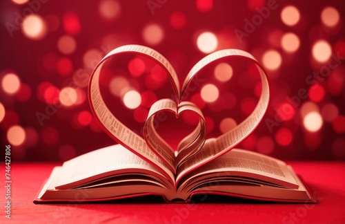 Heart shape made of books on red background