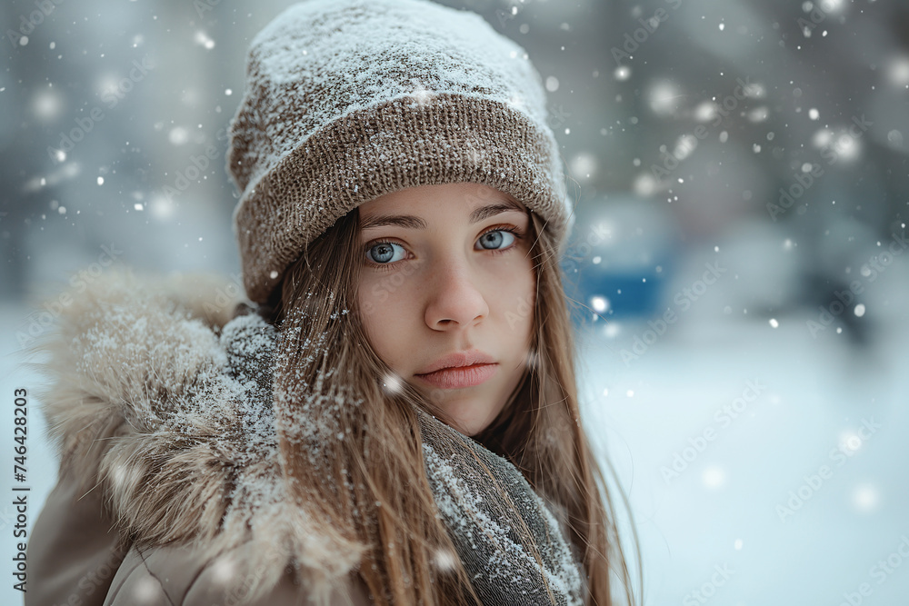 A young girl in the snow with an unfocused background A young girl in the snow with an unfocused background