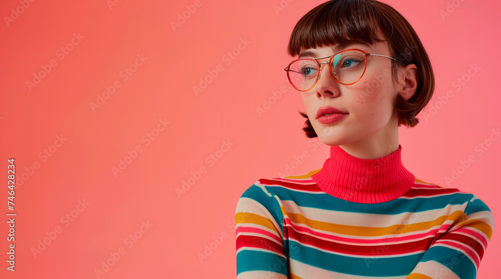 Portrait of funky woman with short hairdo wear striped pullover in glasses look at promo empty space isolated on pink color background