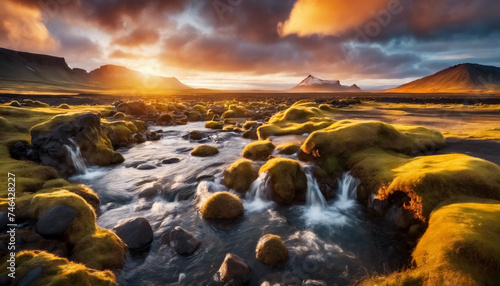 Scena Magica- Vista del Tramonto e del Paesaggio Idilliaco presso le Sorgenti Termali Islandesi photo