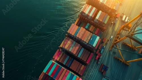 Logistics and Transportation Cargo Container Ship with Crane Bridge.