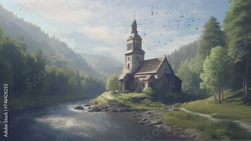 church in the mountains. 4k animation video photo