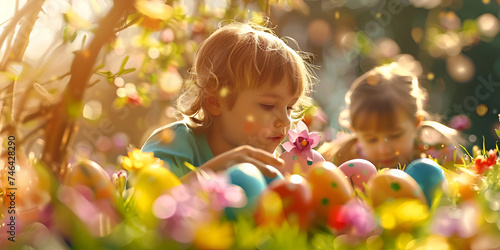 Two joyful children collecting colorful Easter eggs in the basket in the garden on a sunny day. 