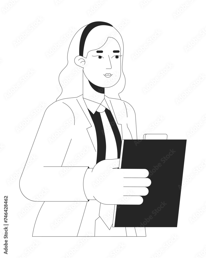 Serious female secretary office worker black and white 2D line cartoon character. Blonde woman employee holding tablet isolated vector outline person. Assistant monochromatic flat spot illustration Serious female secretary office worker black and white 2D line cartoon character. Blonde woman employee holding tablet isolated vector outline person. Assistant monochromatic flat spot illustration