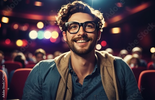 Man in a movie theater with 3D glasses enjoying a movie
