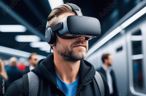 Exploring virtual worlds: a man wearing VR goggles. Generated by AI © Mariya Sorvacheva