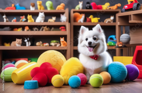 Entertainment area: a cute puppy and his collection of fun toys. 