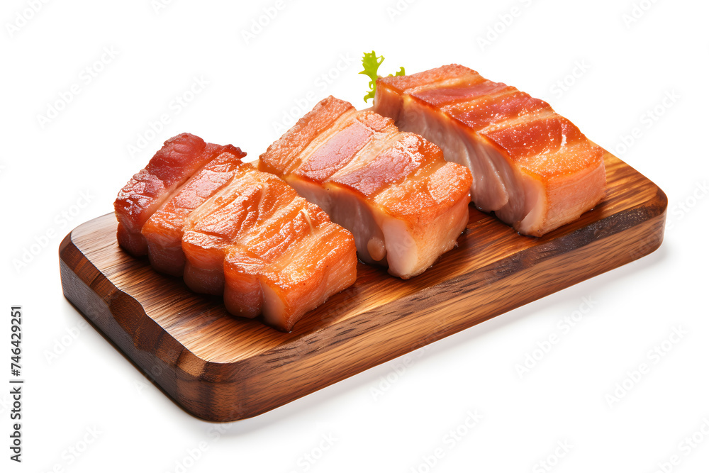 Pork belly on a wooden board isolated on white background Pork belly on a wooden board isolated on white background