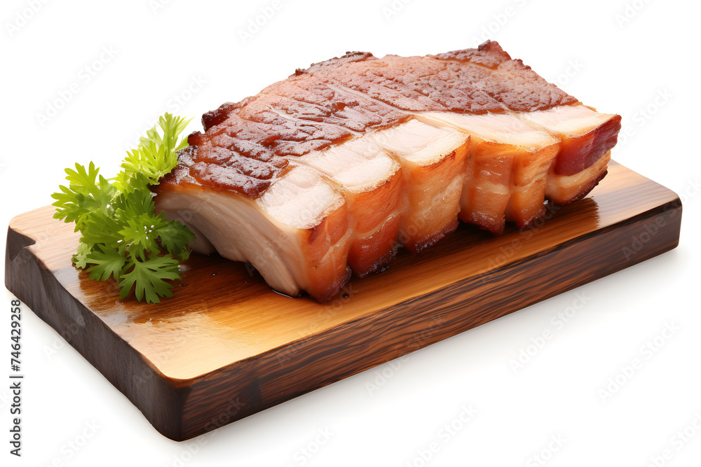 Pork belly on a wooden board isolated on white background 