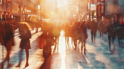 Crowded public places with people passing and walking in city traffic flow motion blur effect. Cinematic light