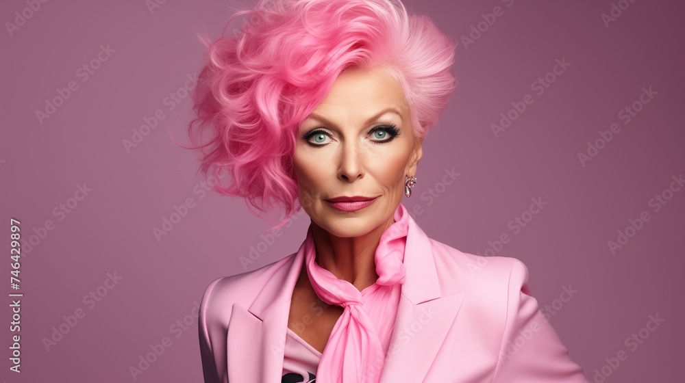 A beautiful and stylish elderly woman showcases her vibrant personality with pink-dyed hair. A beautiful and stylish elderly woman showcases her vibrant personality with pink-dyed hair.