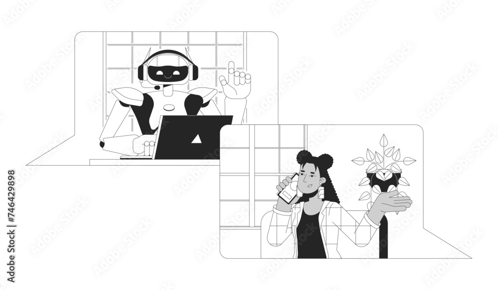 AI consultant black and white 2D illustration concept. Robot assistant answering customer questions cartoon outline character isolated on white. Software development metaphor monochrome vector art