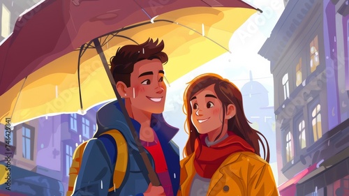 Happy young couple standing under an umbrella and looking around the city. --ar 16:9 --v 6 Job ID: f0e561e0-011c-406c-a370-4060d5b1ad72