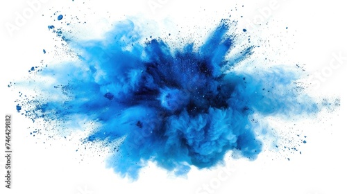 Abstract blue dust explosion on white background, Freeze motion of blue powder exploding