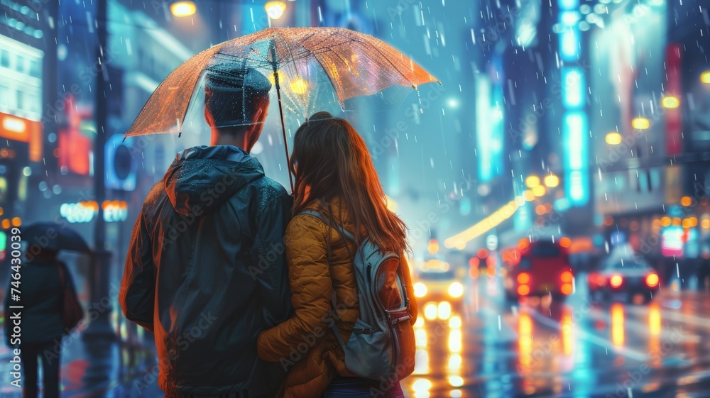 Happy young couple standing under an umbrella and looking around the city. --ar 16:9 --v 6 Job ID: f0e561e0-011c-406c-a370-4060d5b1ad72