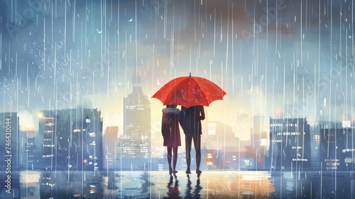 Happy young couple standing under an umbrella and looking around the city. --ar 16:9 --v 6 Job ID: f0e561e0-011c-406c-a370-4060d5b1ad72