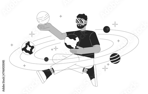 VR experience black and white 2D illustration concept. User with virtual reality goggles learning solar system cartoon outline character isolated on white. Software metaphor monochrome vector art