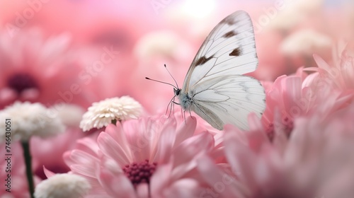 Pink romantic natural floral background with a white butterfly on flower Generative AI © Dzikir