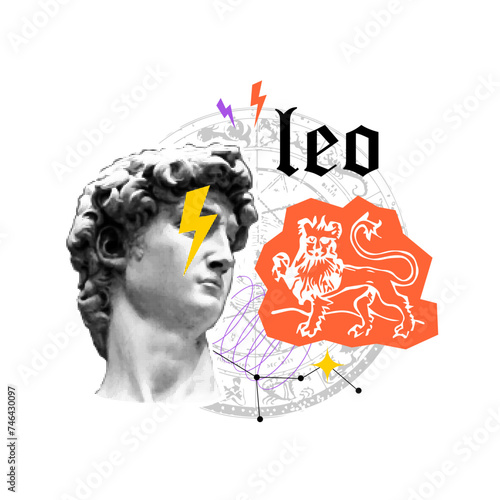 Zodiac astrology horoscope collage with cutout shape, doodle element. Leo. Popart collage grunge art. Retro halftone vintage effect. Greece modern face. Retro pop psychedelic esoteric horoscope