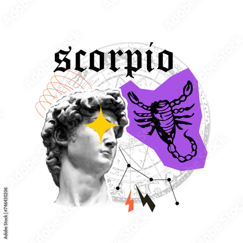 Zodiac astrology horoscope collage with cutout shape, doodle element. Scorpio. Popart collage grunge art. Retro halftone vintage effect. Greece modern face. Retro pop psychedelic esoteric horoscope