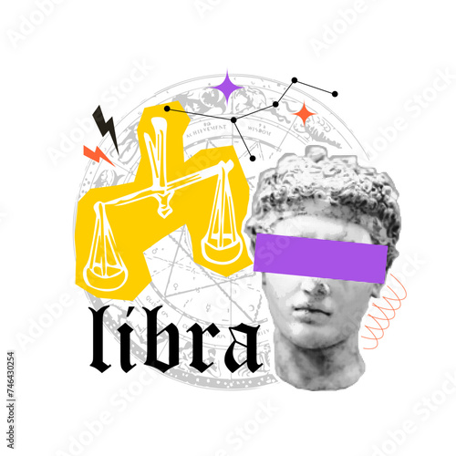 Zodiac astrology horoscope collage with cutout shape, doodle element. Libra. Popart collage grunge art. Retro halftone vintage effect. Greece modern face. Retro pop psychedelic esoteric horoscope
