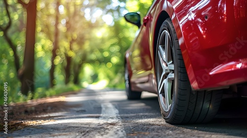 Red sedan is parked on a narrow road. It has a spoiler, silver wheels, and low-profile tires. Trees with green and yellow leaves line the road, autumn