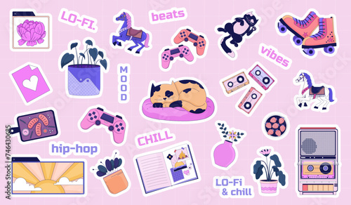 Relaxing 80s chillout cute stickers sheet. Roller skates, cassette tape, horses vector illustration set. Sleeping cats 2D images scrapbooking lo fi. Plants cartoon printables inspirational words