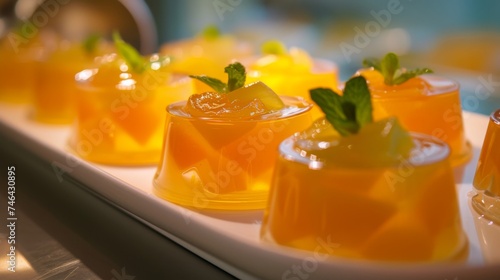 Delightful mango jelly desserts, garnished with fresh mint leaves, perfect for a refreshing summer treat.
