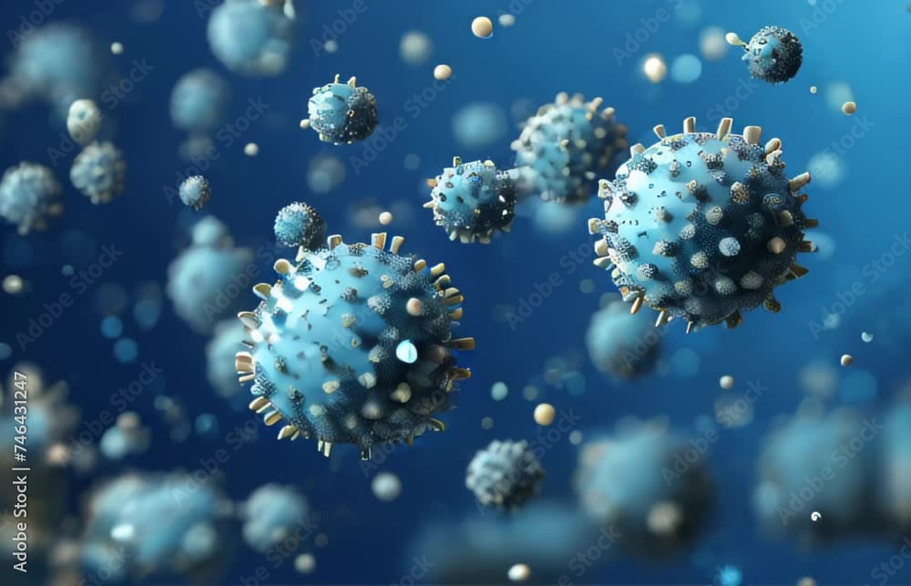 3D cancer cells and virus on blue background 3D cancer cells and virus on blue background