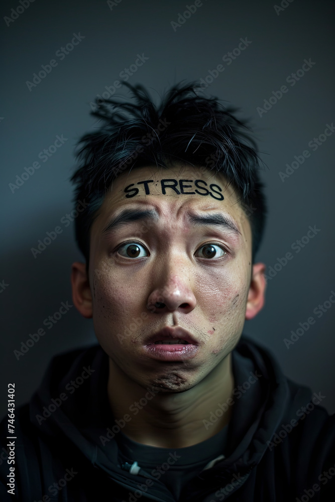 A man with the word Stress on his forehead A man with the word Stress on his forehead