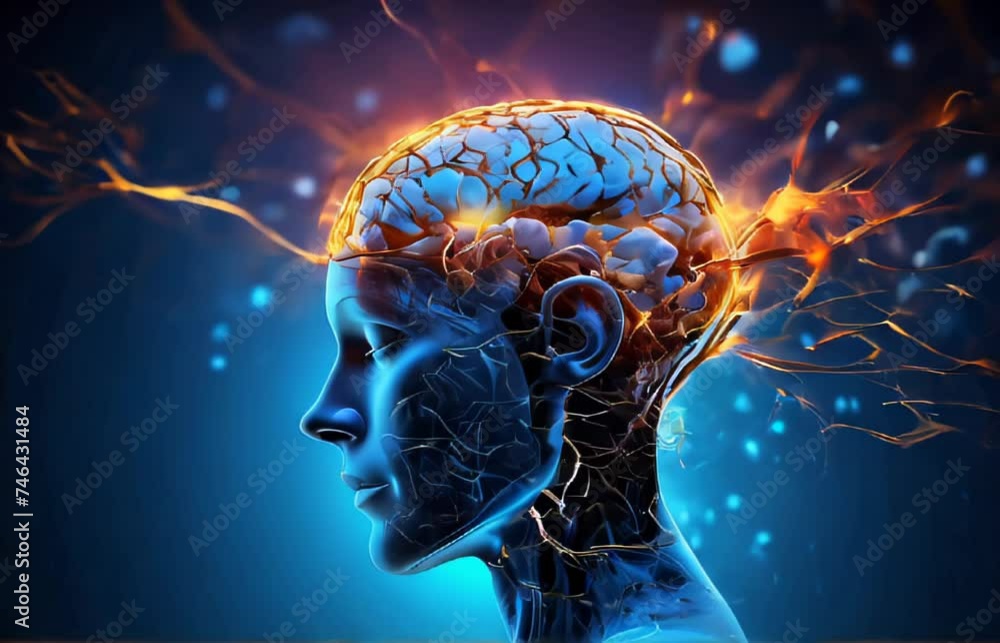 Illustration of of Human head with glowing neurons and Nervous system in the human brain on vibrant blue background. Science and medical health Illustration of of Human head with glowing neurons and Nervous system in the human brain on vibrant blue background. Science and medical health