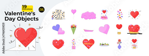 Romantic Valentines day 2D linear cartoon objects bundle. 14 february surprise date decorations isolated line vector items white background. Confession love color flat spot illustration collection